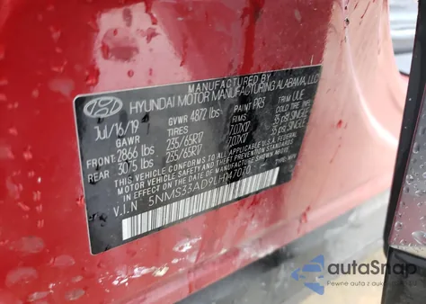 2020 Hyundai Santa Fe Sel z USA, uszkodzony, nr VIN 5NMS33AD9LH147070